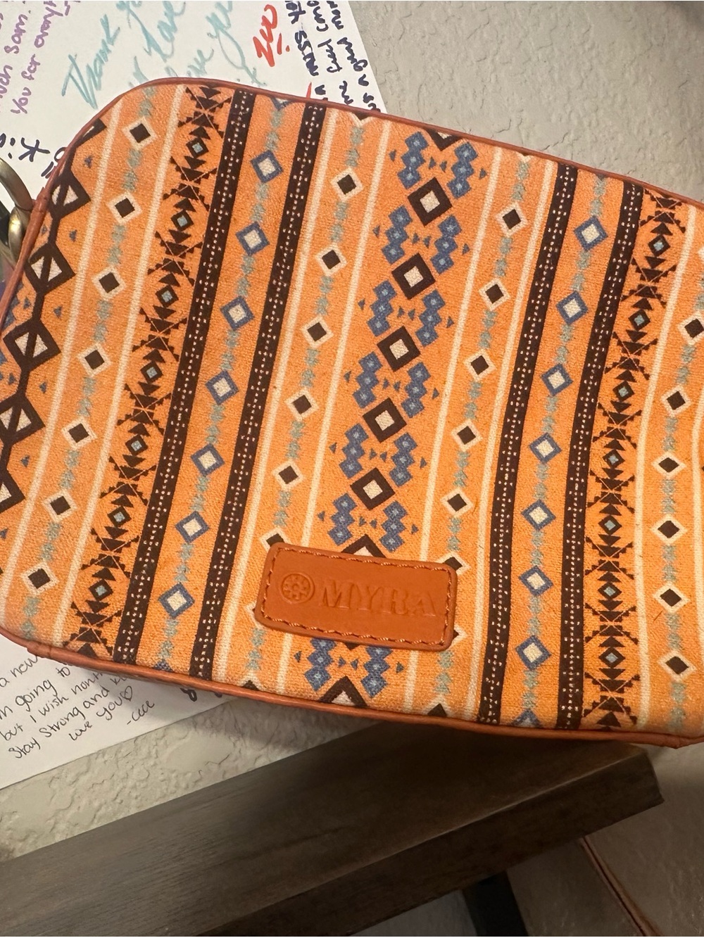 Myra Bag Orange Geometric Canvas Cosmetic Pouch